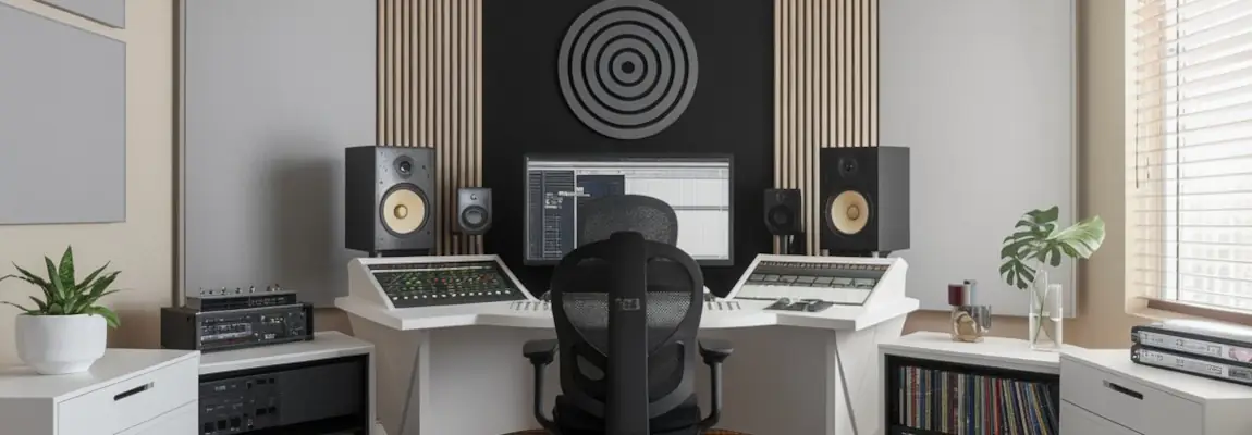 "Studio di post-produzione per registrazioni professionali, con attrezzature audio di alta qualità